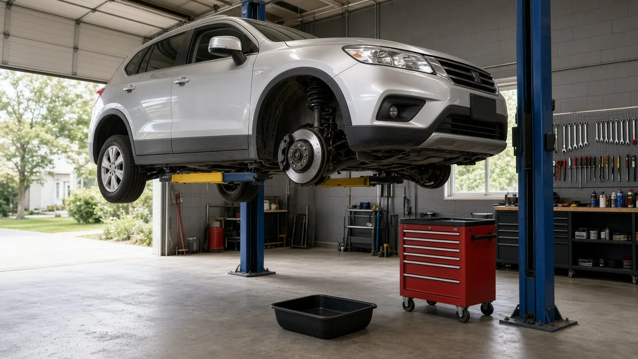A silver compact SUV on a two-post lift with a front wheel off showing a new strut and brake rotor in a clean repair bay